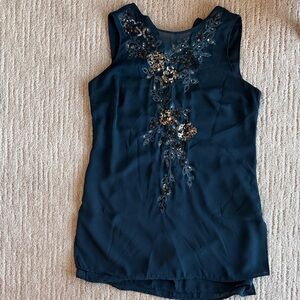 White House Black Market Teal Sleeveless Blouse with Sequin Floral Details